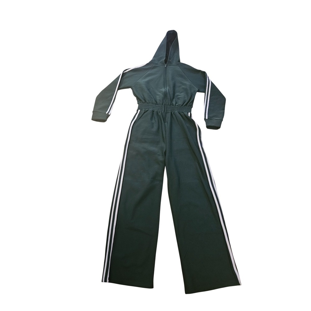 Love Sense Green Striped Hooded Jumpsuit Wide Leg Athleisure Lounge M - Picture 4 of 8